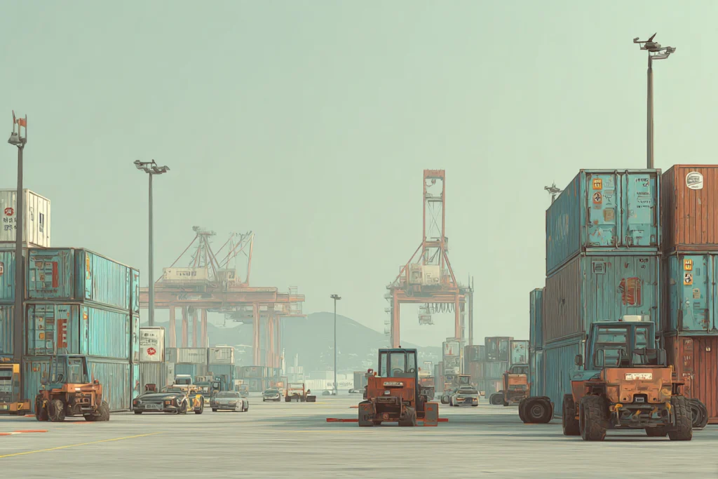 Разгрузка морских контейнеров с автомобилями в одесском порту по прибытии